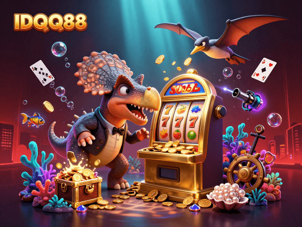 IDQQ88 jackpot scene with a pachycephalosaurus winning coins at a slot machine in a lively casino