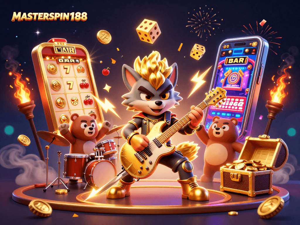 Play slots and win big at MASTERSPIN188 with this vibrant casino illustration featuring exciting gaming elements.
