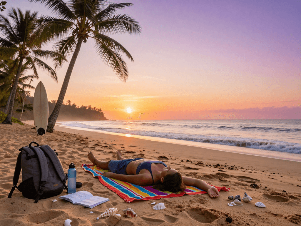 Praktik yoga di pantai tropis saat matahari terbit, yang menunjukkan cara hidup sehat dengan bos88.