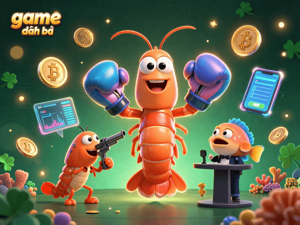 Experience the excitement of game đánh bài with dynamic characters and vibrant crypto elements in a stunning 3D illustration.