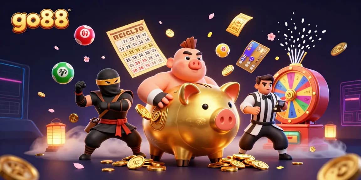 Experience the excitement of go88 with a vibrant 3D scene featuring cartoon characters and dynamic gaming elements.