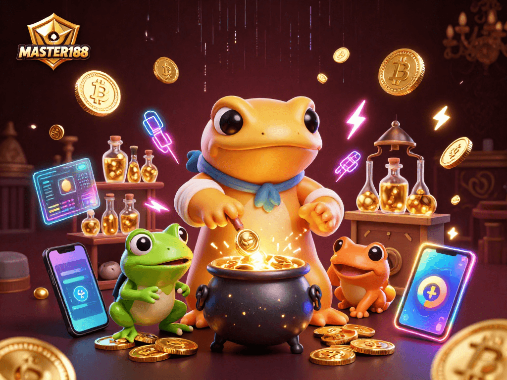 MASTER188 showcases winning strategies in a vibrant 3D casino illustration with golden elements