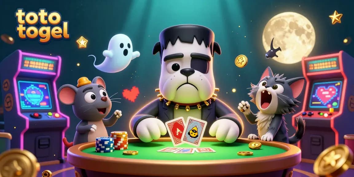 Engage with thrilling toto togel action as cartoon characters deal cards amidst a vibrant casino atmosphere.