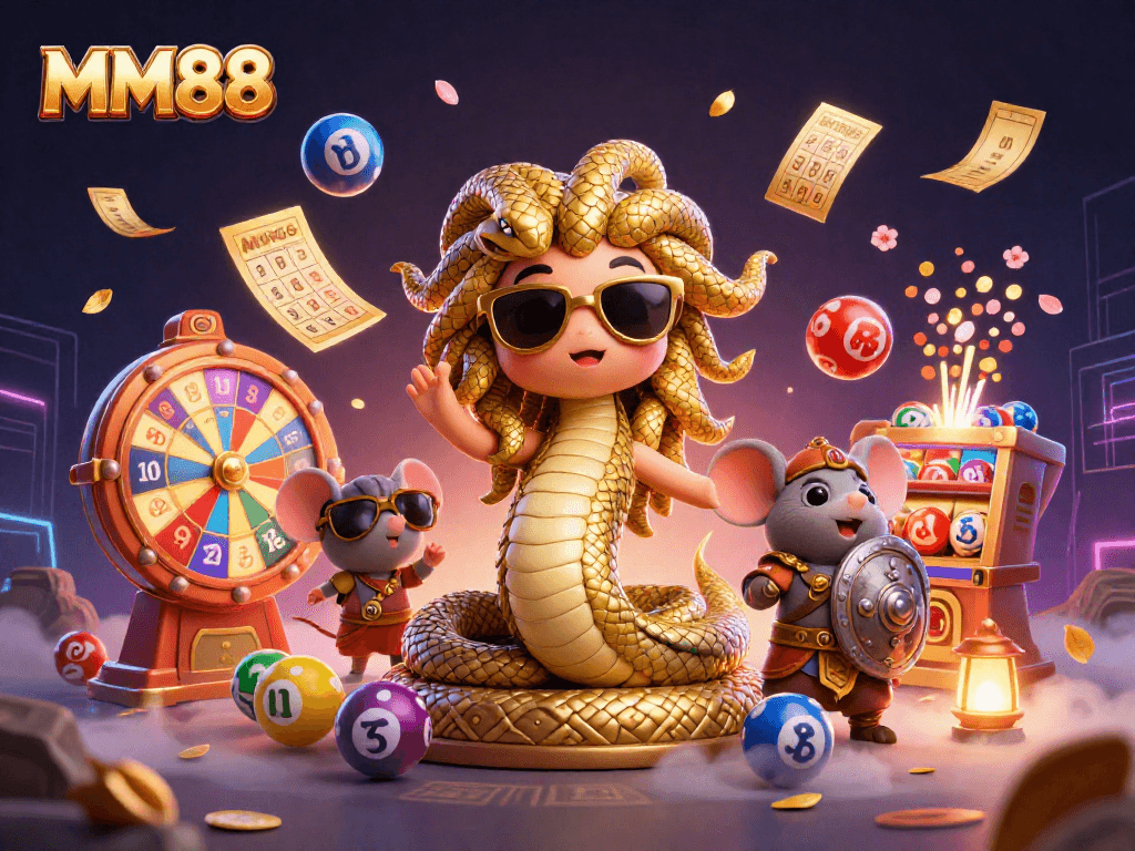 Experience MM88's vibrant gambling scene with a friendly Medusa and exciting lottery elements.