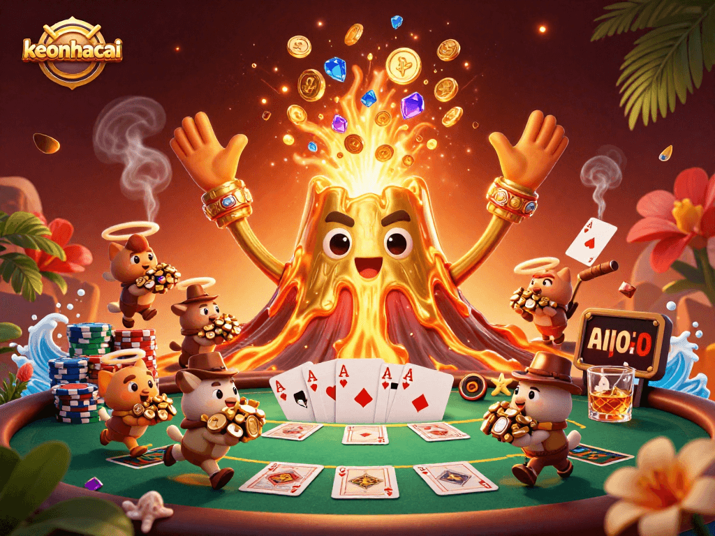 Engage with keonhacai in this vibrant 3D casino scene featuring treasure-filled adventures and poker action.