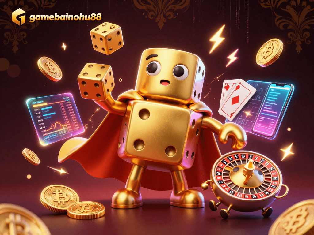 Join the thrilling action in gamebainohu88 with a dazzling 3D casino illustration featuring vibrant gold elements and crypto graphics.