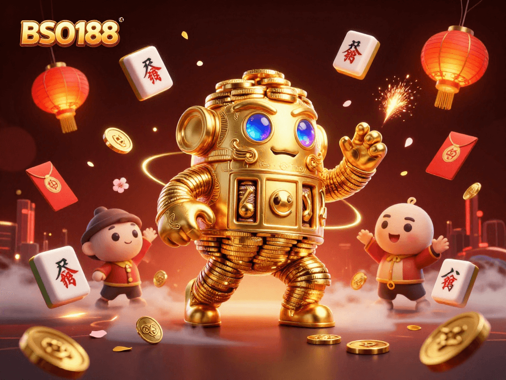 Experience the thrill of winning at BSO188 with a golden golem and casino symbols in an exciting 3D celebration.