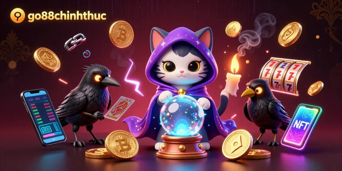 Engage with go88chinhthuc, featuring a fortune teller cat and tarot raven amid a rich casino scene.
