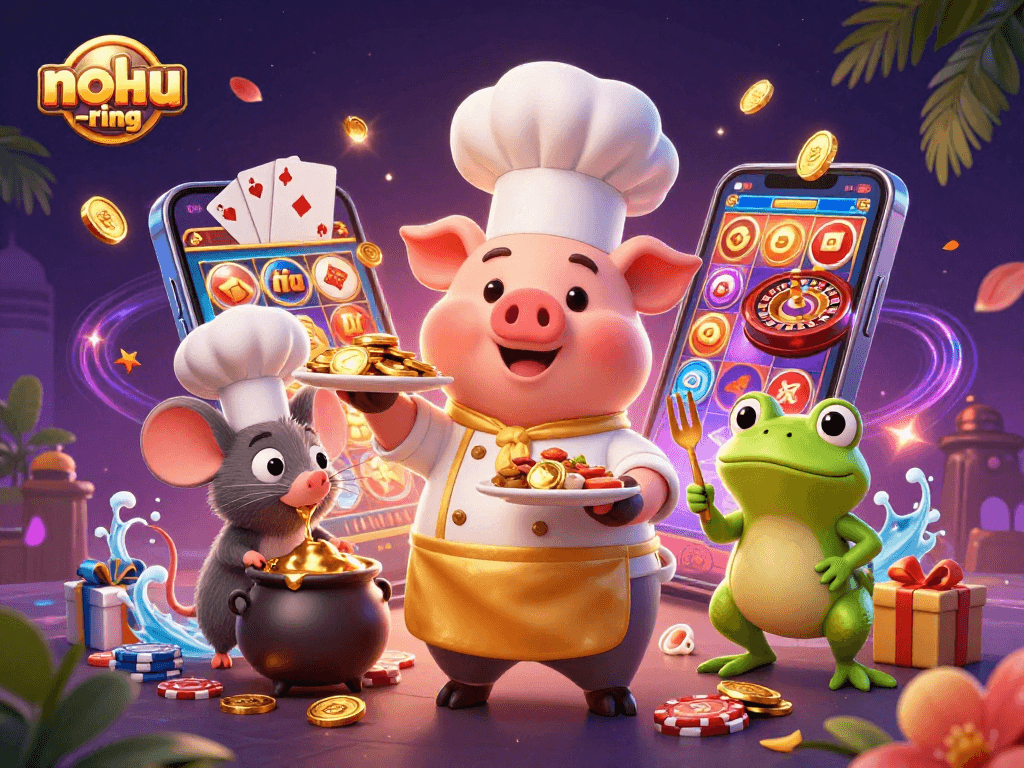 Nohu-ring showcases a vibrant scene of animated characters enjoying casino games with gold and excitement.