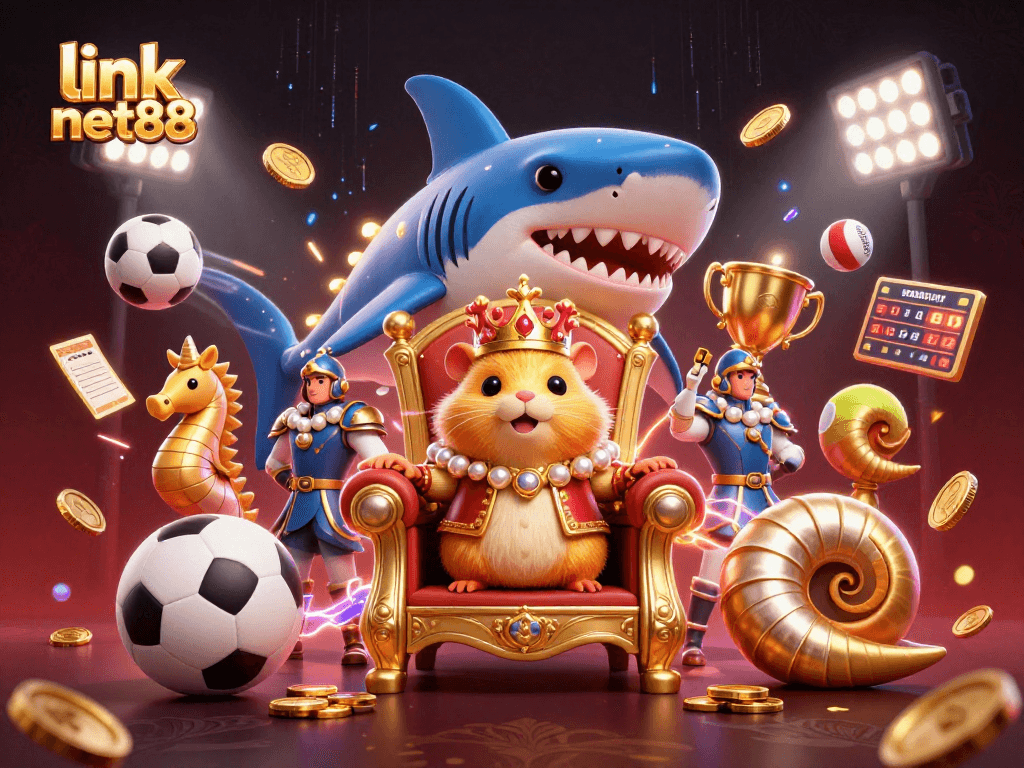 Experience the excitement of betting with link net88 featuring a hamster king surrounded by sports-themed elements.