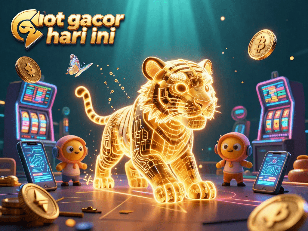 Spin on slot gacor hari ini with a neon-lit casino scene showcasing a golden tiger and crypto elements.