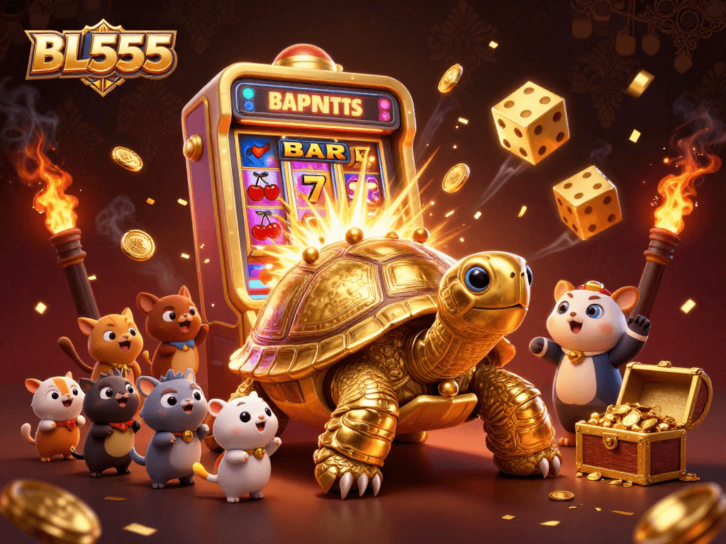 Experience thrilling gaming with BL555 in this vibrant 3D illustration featuring lively casino elements.