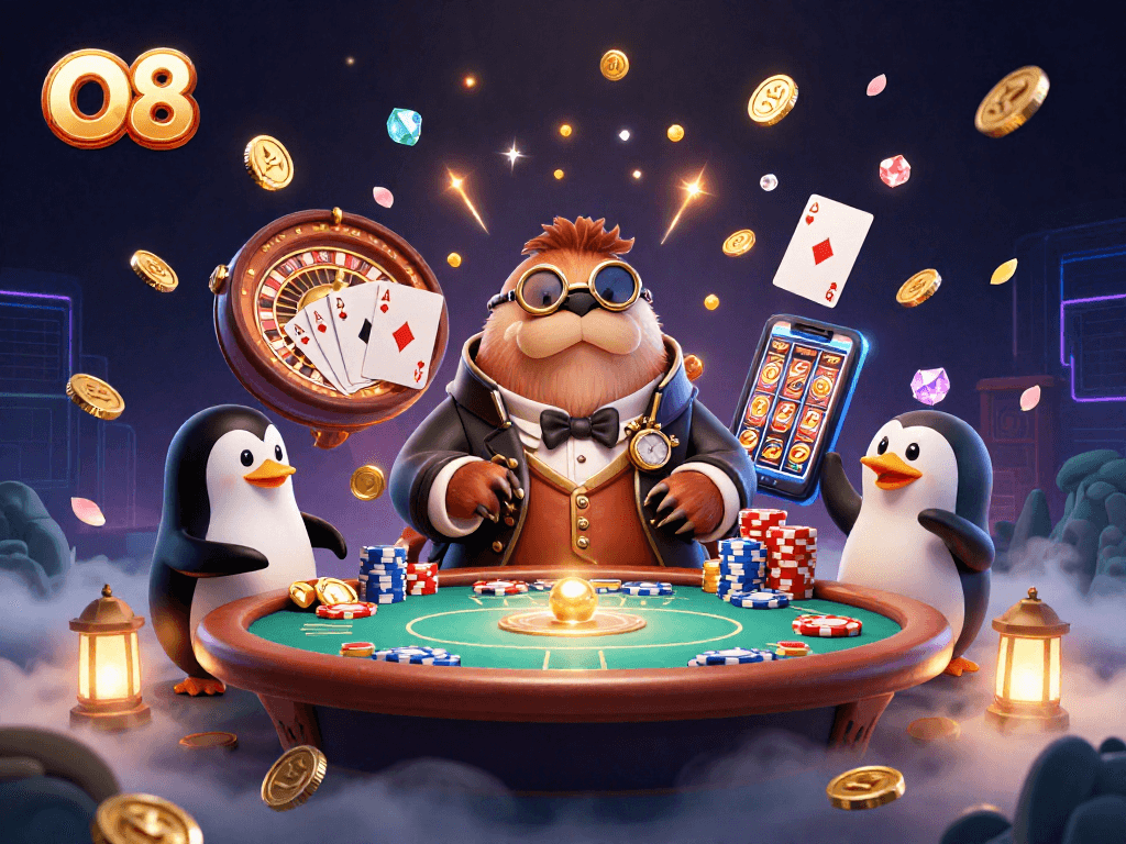 Experience thrilling gameplay at O8 with a walrus playing poker and vibrant casino elements.