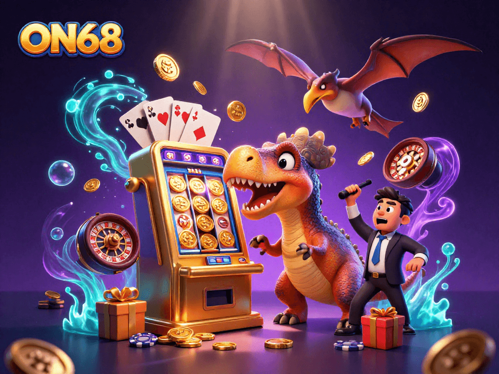 ON68 wins as a dinosaur celebrates jackpot coins from a slot machine in a vibrant casino scene.