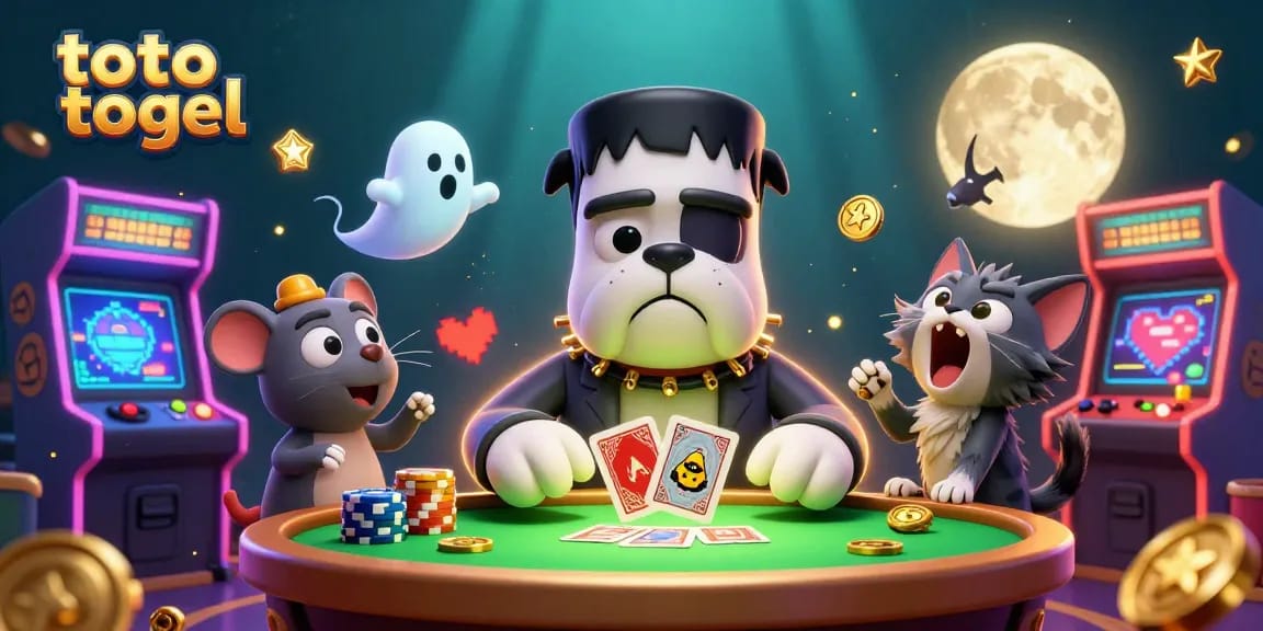 Engage with thrilling toto togel action as cartoon characters deal cards amidst a vibrant casino atmosphere.