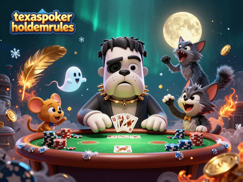 Engage with texaspokerholdemrules in an exciting poker scene featuring a 3D Frankenstein bulldog dealer.