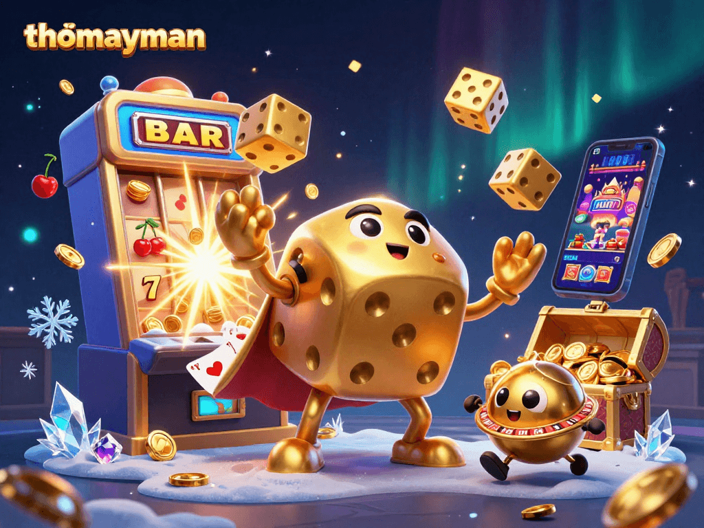 Experience thrilling gameplay with thomayman in a vibrant 3D casino scene filled with jackpots.