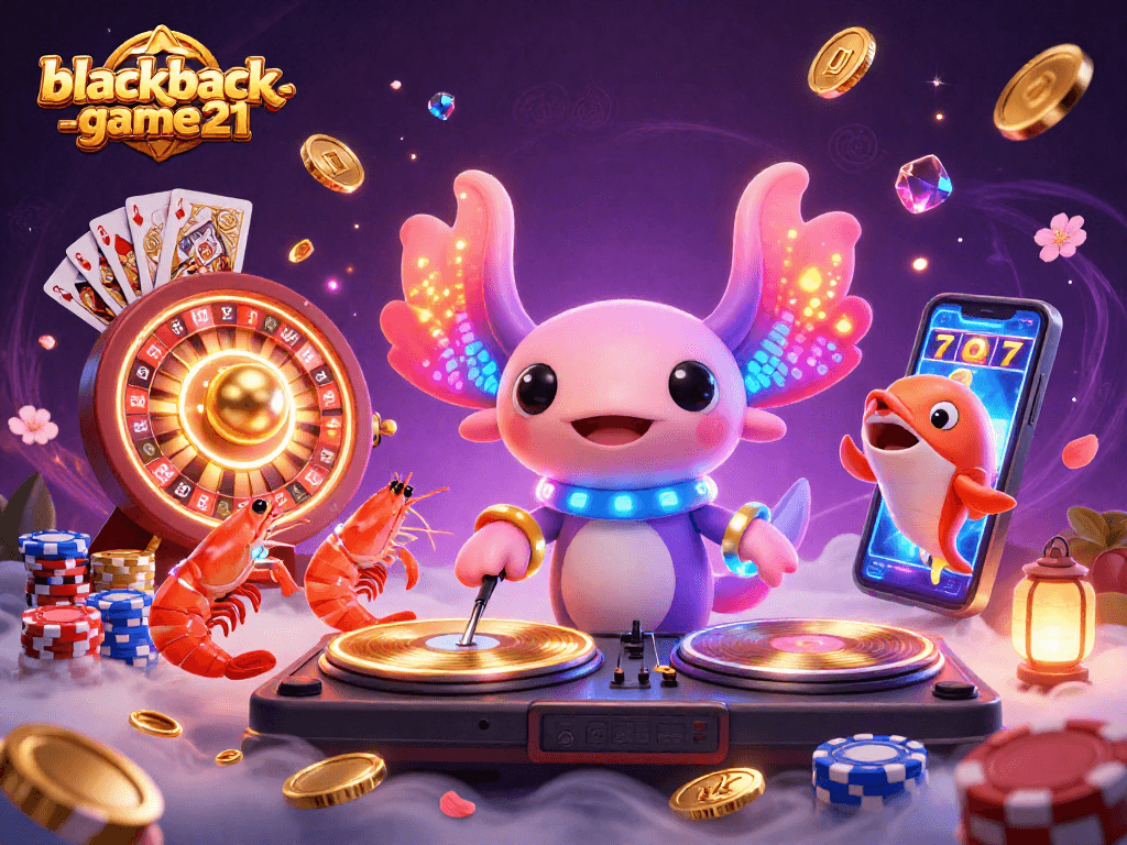 Spin the reels in excitement at blackjack-game21 with an energetic 3D casino scene featuring dynamic characters and golden coins.