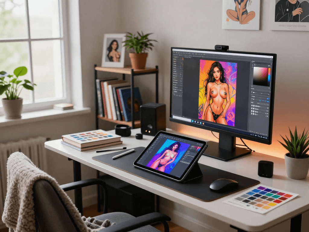Creative workspace showcasing an artist using a porn ai generator for digital erotic art creation.