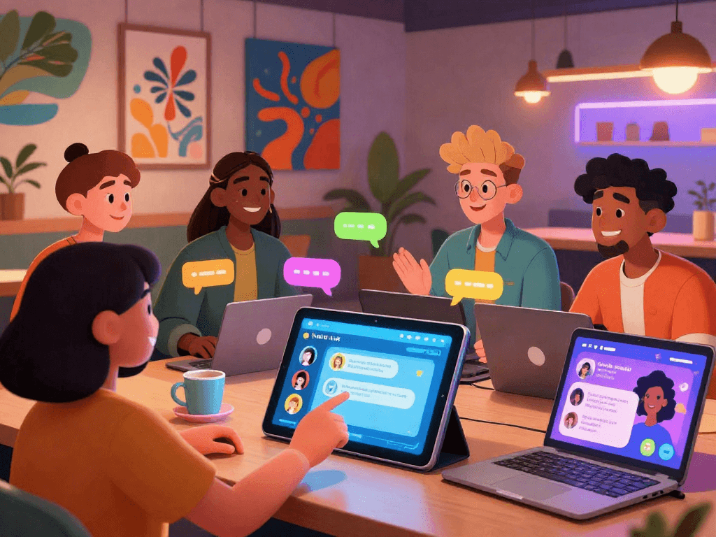Engaging scene of avatars interacting in hentai AI chat, showcasing vibrant creativity and connection.