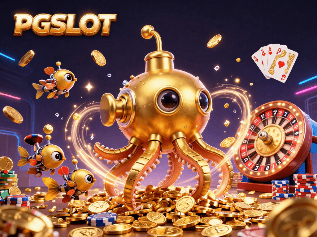 Engage in PGSLOT with a 3D golden kraken submarine amidst golden coins, slot reels, and poker chips.