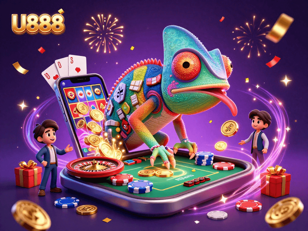 U888 delivers thrilling casino action with a colorful chameleon owner and dynamic gaming elements.