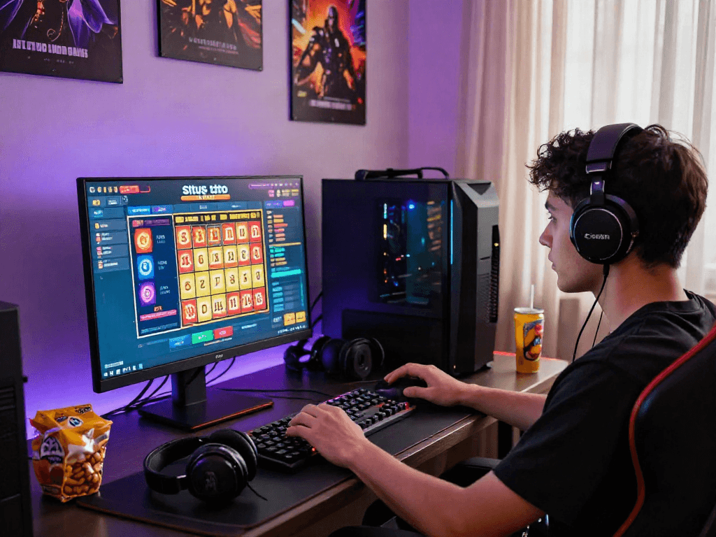 Engaging user betting on situs toto game on a high-end gaming setup, colorful interface and gaming accessories visible