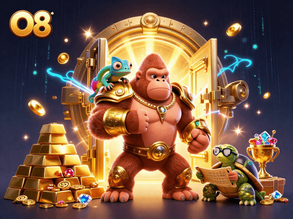 Experience thrilling action in O8's vibrant casino scene with a powerful gorilla king and treasure trove.