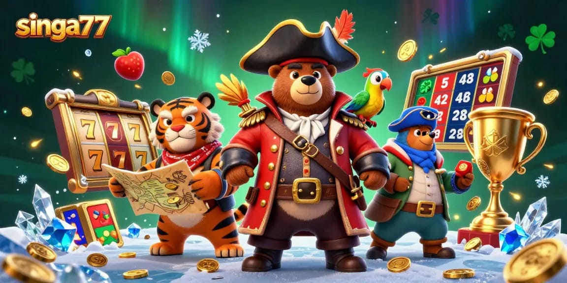 Experience thrilling jackpots at singa77 with a captivating scene of a pirate bear and friends in a casino.