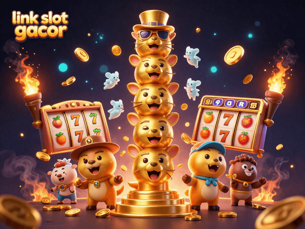 Engage the excitement with link slot gacor at this vibrant, animated casino scene showcasing dynamic game elements.