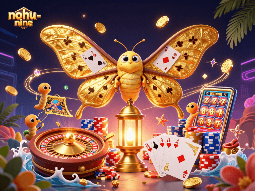 Experience the excitement of nohu-nine as golden-winning moths illuminate a vibrant casino scene.