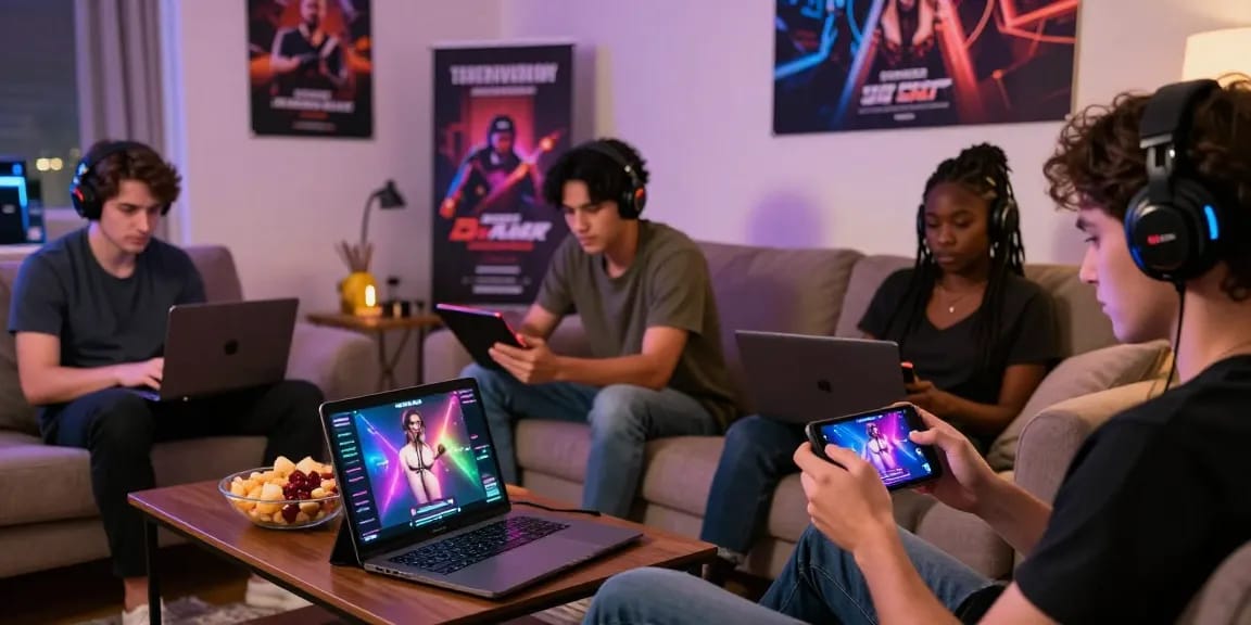 Players engaging with popular sexgames on various devices in a cozy setting.