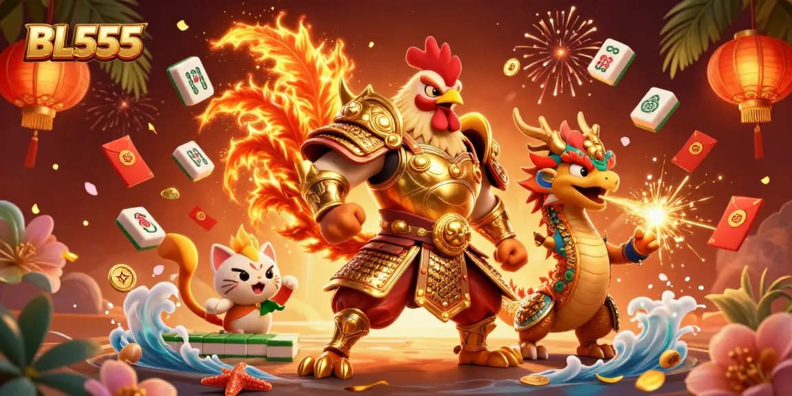 Win big with BL555 as a fierce rooster warrior and dragon hatchling celebrate good fortune in a vibrant casino.