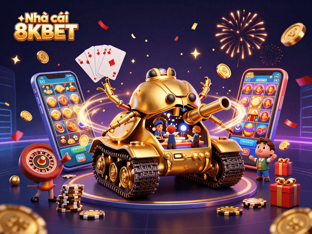 Engage with Nhà cái 8KBET through an impressive 3D casino tank illustration filled with excitement.