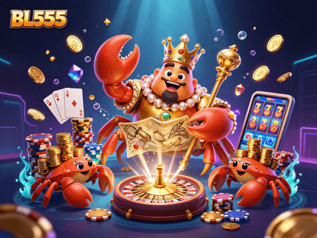 Experience thrilling gameplay at BL555 with the golden crab emperor surrounded by treasure, vibrant casino elements, and exhilarating wins.
