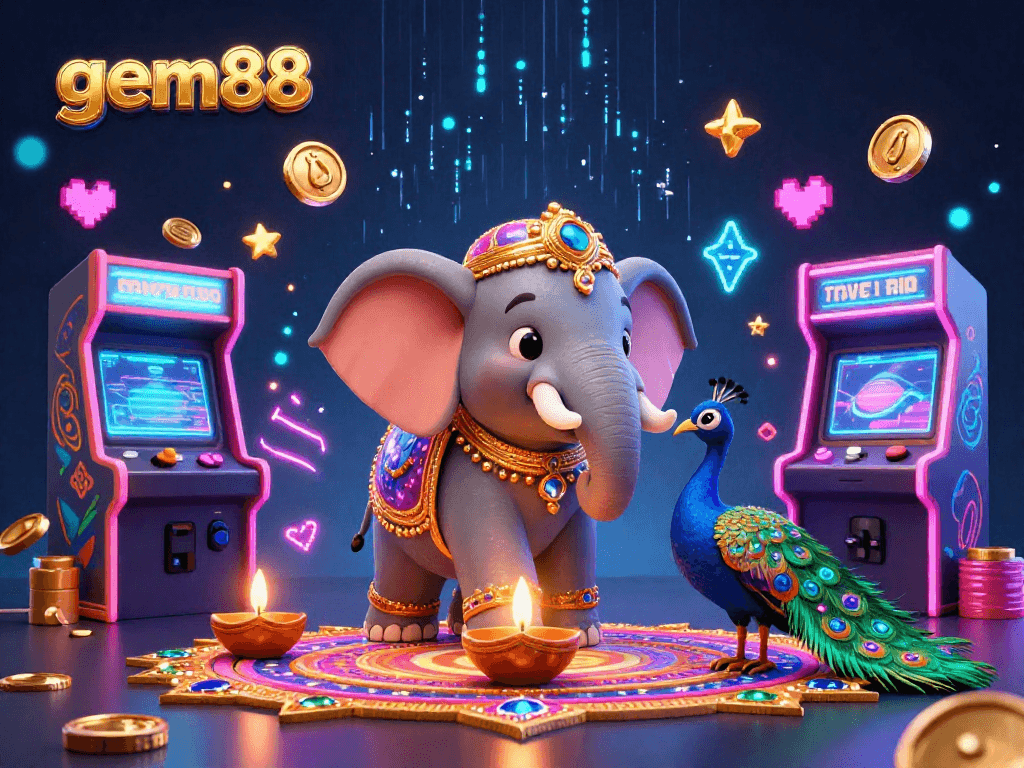 gem88 showcases a vibrant 3D gaming fiesta with a Diwali-themed elephant and peacock, celebrating colorful casino thrills.