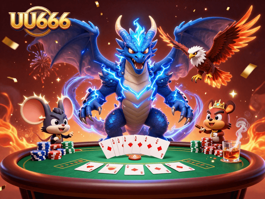 Engage in thrilling poker play with UU666 amidst a lively casino atmosphere illustrated in 3D.