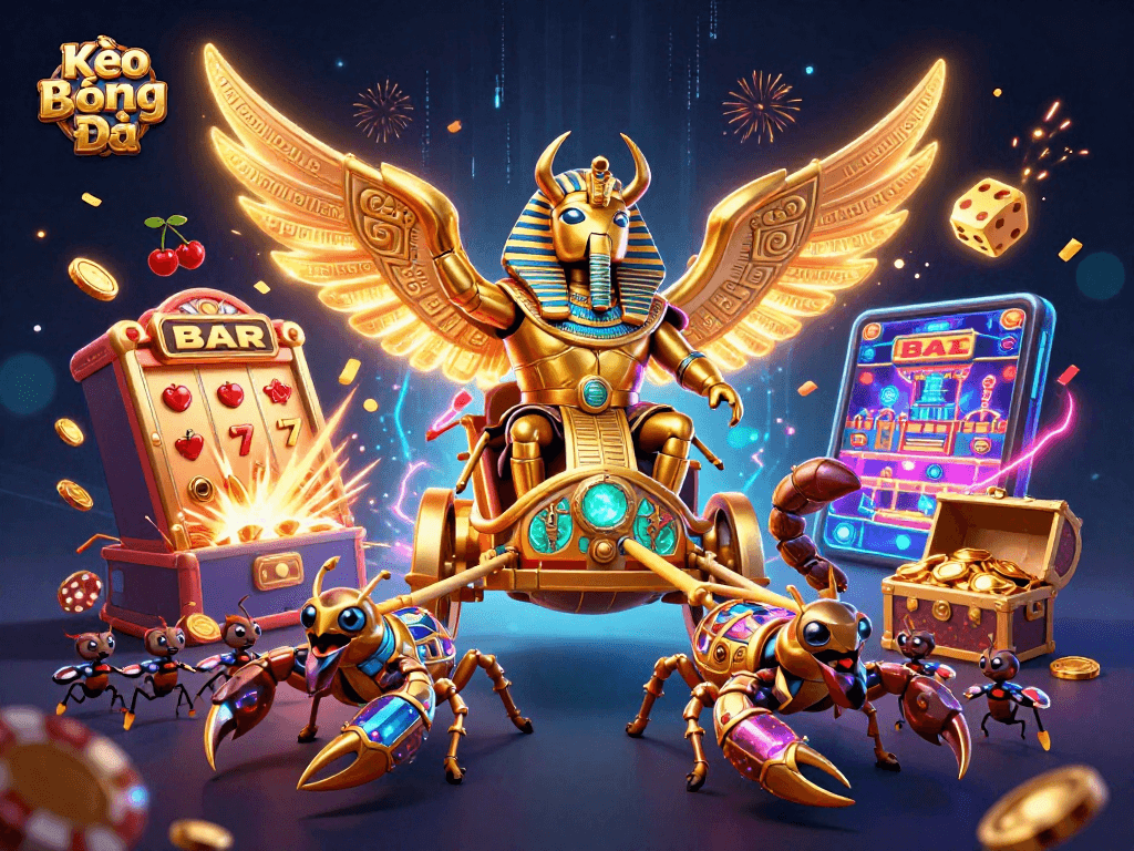 Kèo Bóng Đá thrills with a dynamic scene of casino characters amidst a jackpot explosion.