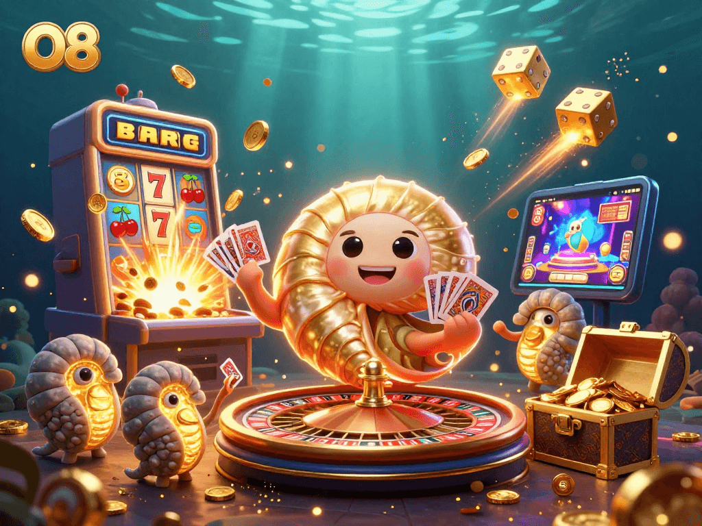 Engage with the exciting O8 casino, featuring a vibrant 3D nautilus and thrilling gaming elements.