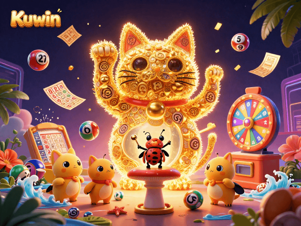 Engage with Kuwin's vibrant gaming scene featuring a golden lucky cat and colorful lottery elements.