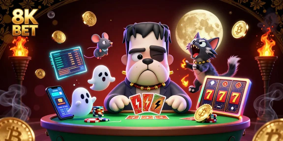 Engage with 8K BET in a thrilling 3D casino scene featuring unique characters and crypto elements.