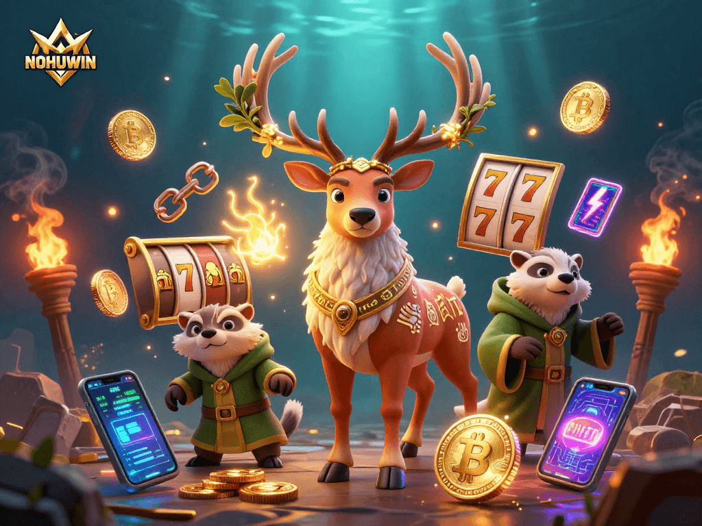 Experience thrilling gameplay with NOHUWIN's advanced slots and vibrant characters in a dynamic casino setting.