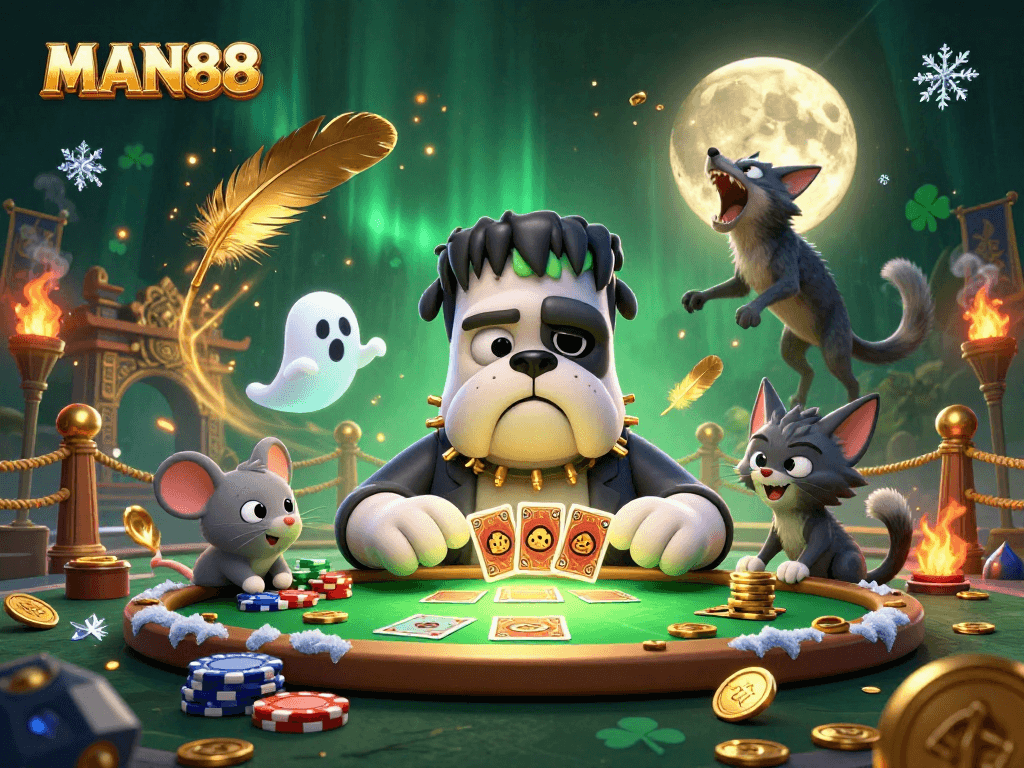 Engage with MAN88 for an exciting gambling experience at a haunted card table lit in green.
