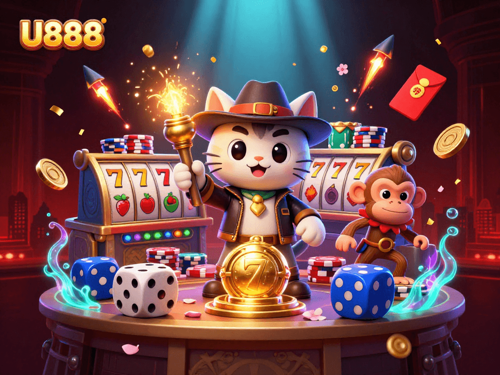Engage in exciting gaming adventures with U888 as the archaeologist cat and monkey explore glowing treasures.