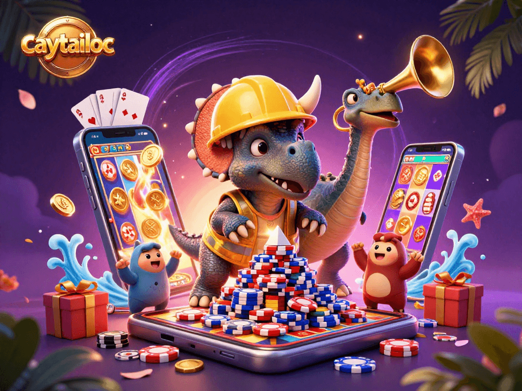 Engage with the lively caytailoc scene where a triceratops builds poker chip pyramids amidst vibrant gambling elements.