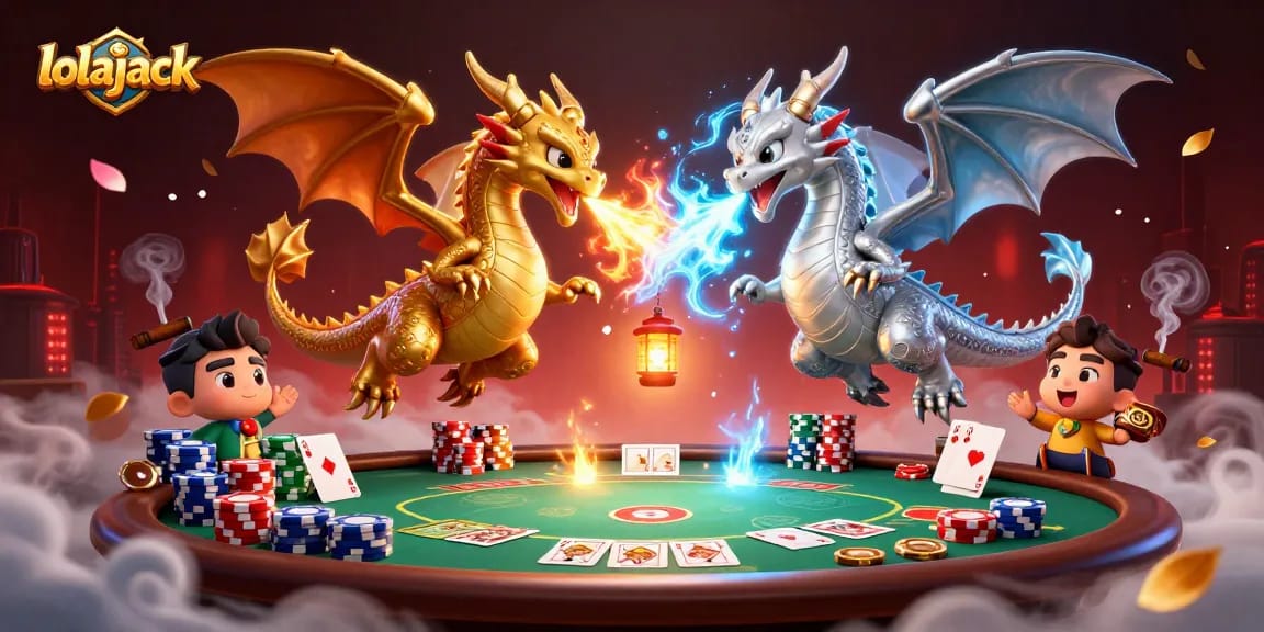 Experience the thrill of lolajack gaming with dual dragons battling in a vibrant casino scene.