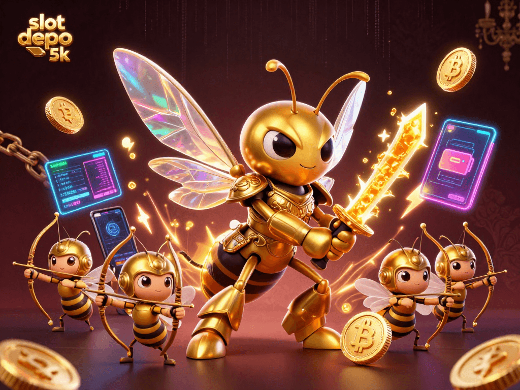Experience the excitement of slot depo 5k as a golden hornet samurai battles for big wins amidst glowing crypto elements.