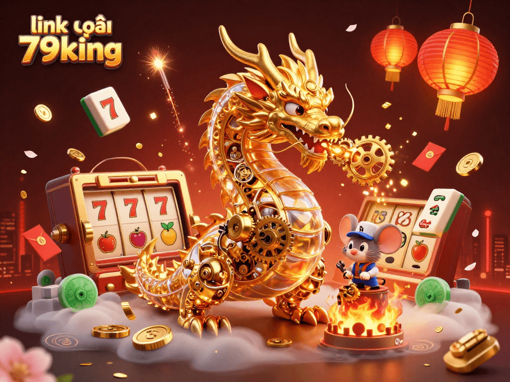 Engage with link vào 79king in this vibrant scene featuring a golden dragon and gaming elements.