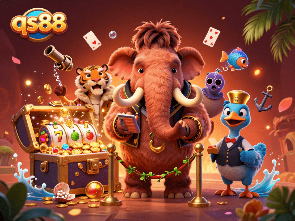 Experience excitement at qs88 with a vibrant 3D casino scene featuring unique characters and dynamic gambling elements.