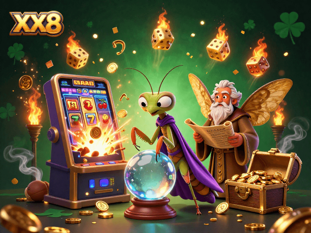 Experience thrilling wins at XX8 Casino with vibrant slot machines and enchanting characters in one captivating scene.